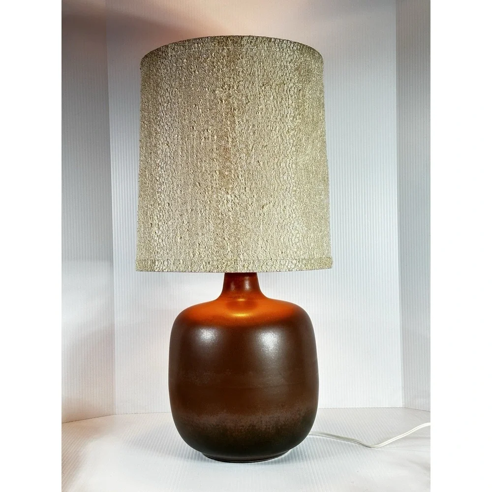 Vintage Bostlund‎ Rich Brown Glaze Pottery Table Lamp With Shade Mid Century Mod